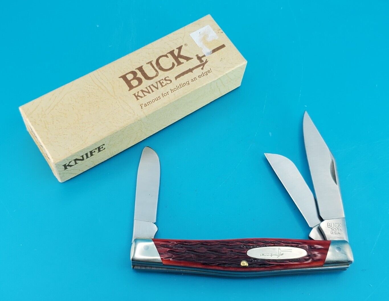 Vintage Buck 301-RB Stockman Red Picked Bone 1988 Pocket Knife IN BOX MINT