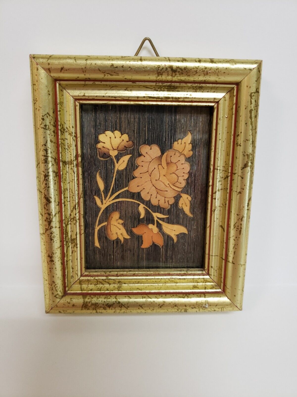 Vintage Italian Inlaid Wood Flower Picture Italy w/ Tag On Back Hand Made 5x4 
