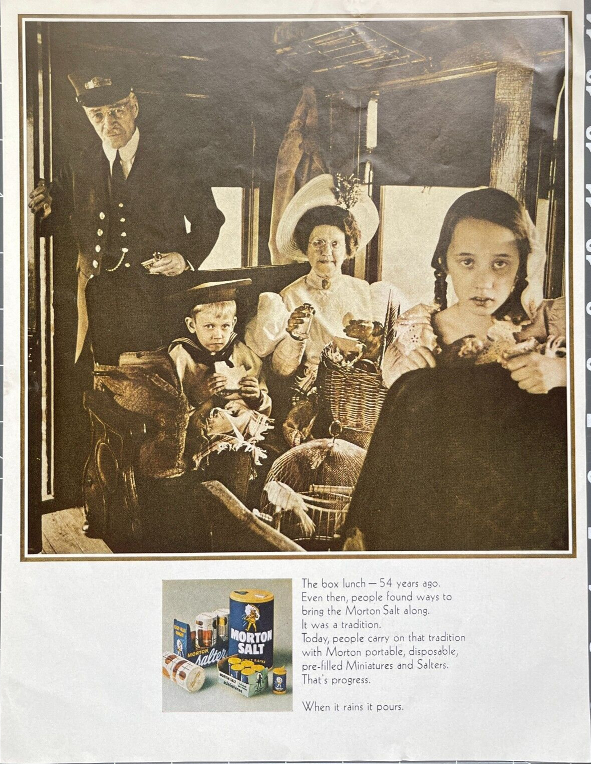 1966 Morton Salt Vintage Print Ad Old Fashioned Family Train Ride Box Lunch