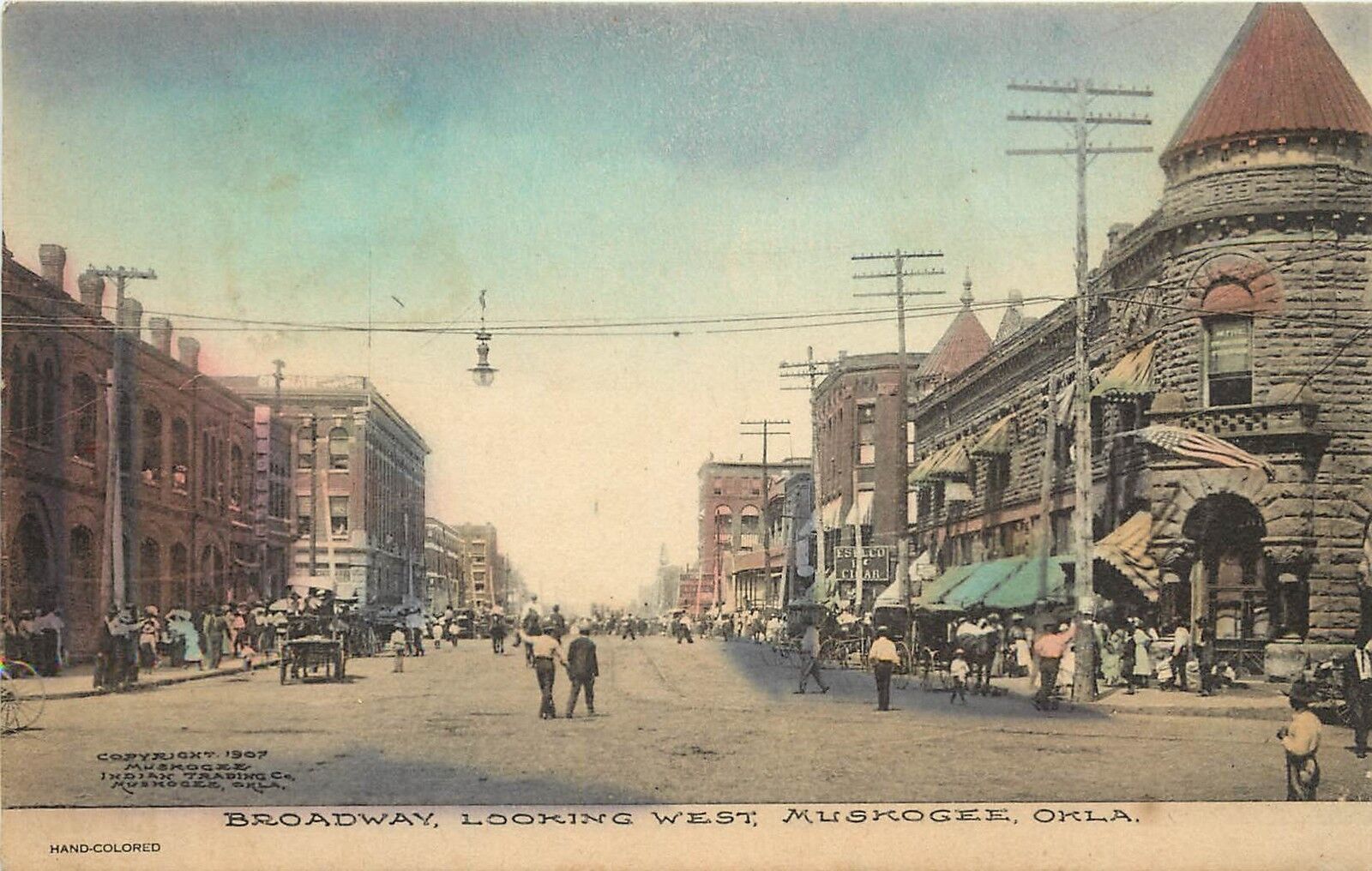 c1907 Hand-Colored Postcard; Broadway Street Scene Muskogee OK Unposted
