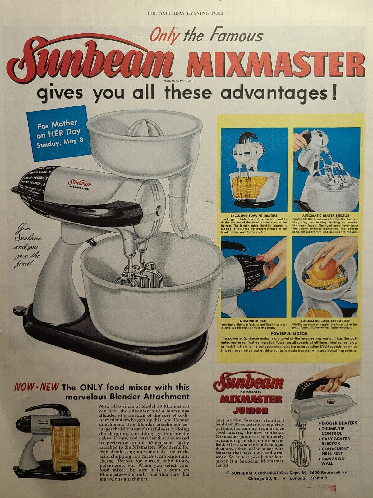 Vintage Print Ad 1955 Sunbeam Mixmaster Stand Mixer Mother\'s Day Jr. Hand Mixer