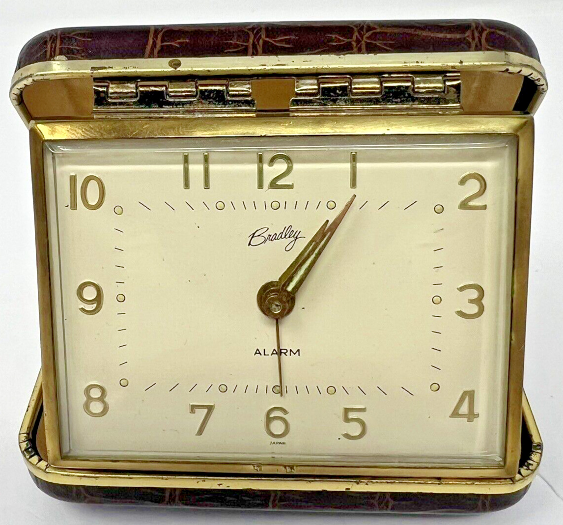 Vintage Bradley Wind Up Analog Travel Alarm Clock Folding Case Made In JAPAN