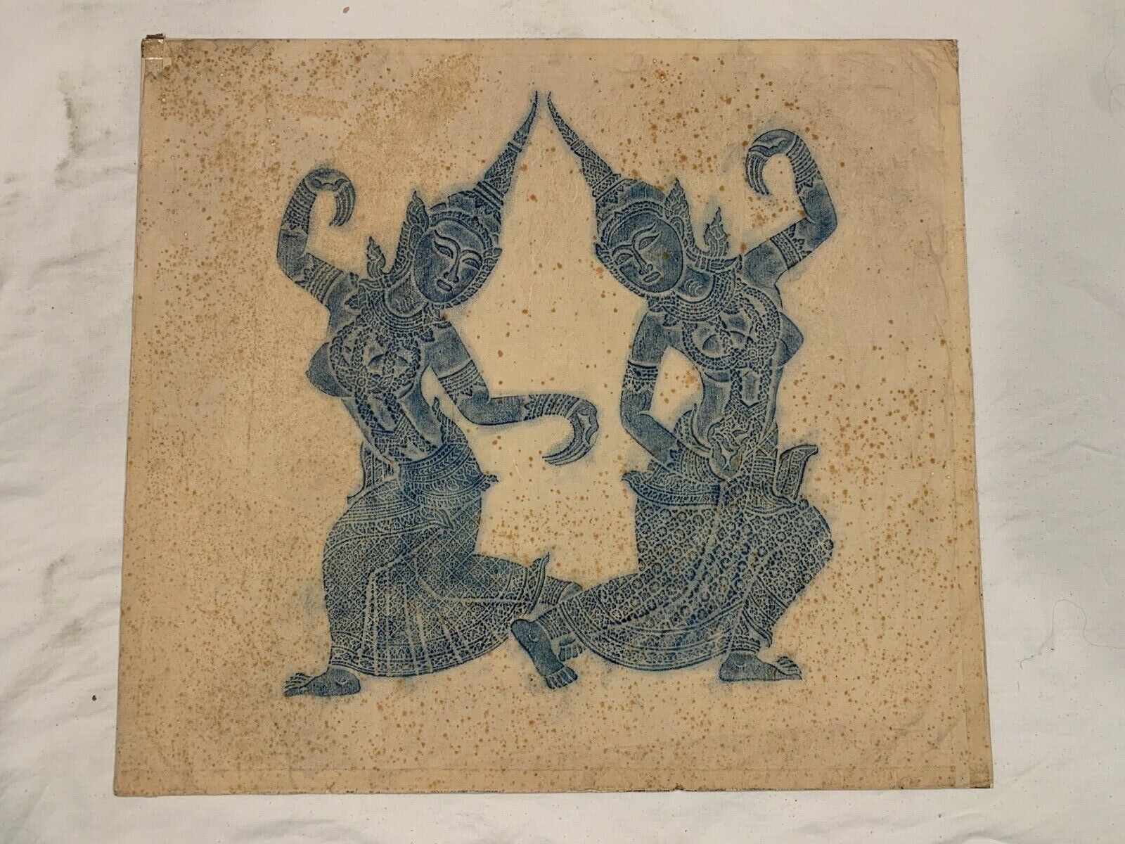 Vtg Original Thai Rubbing Temple Hindu / Buddhist Art Blue  1094