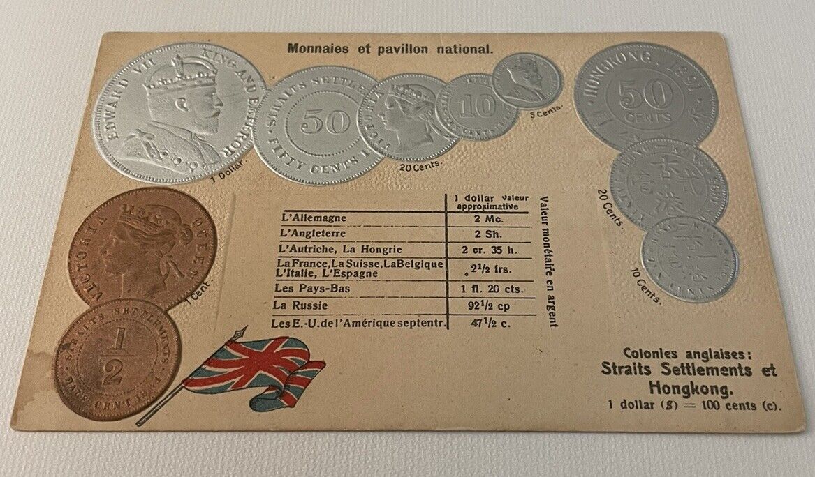 Embossed coinage national flag & coins vintage postcard currency Hong Kong