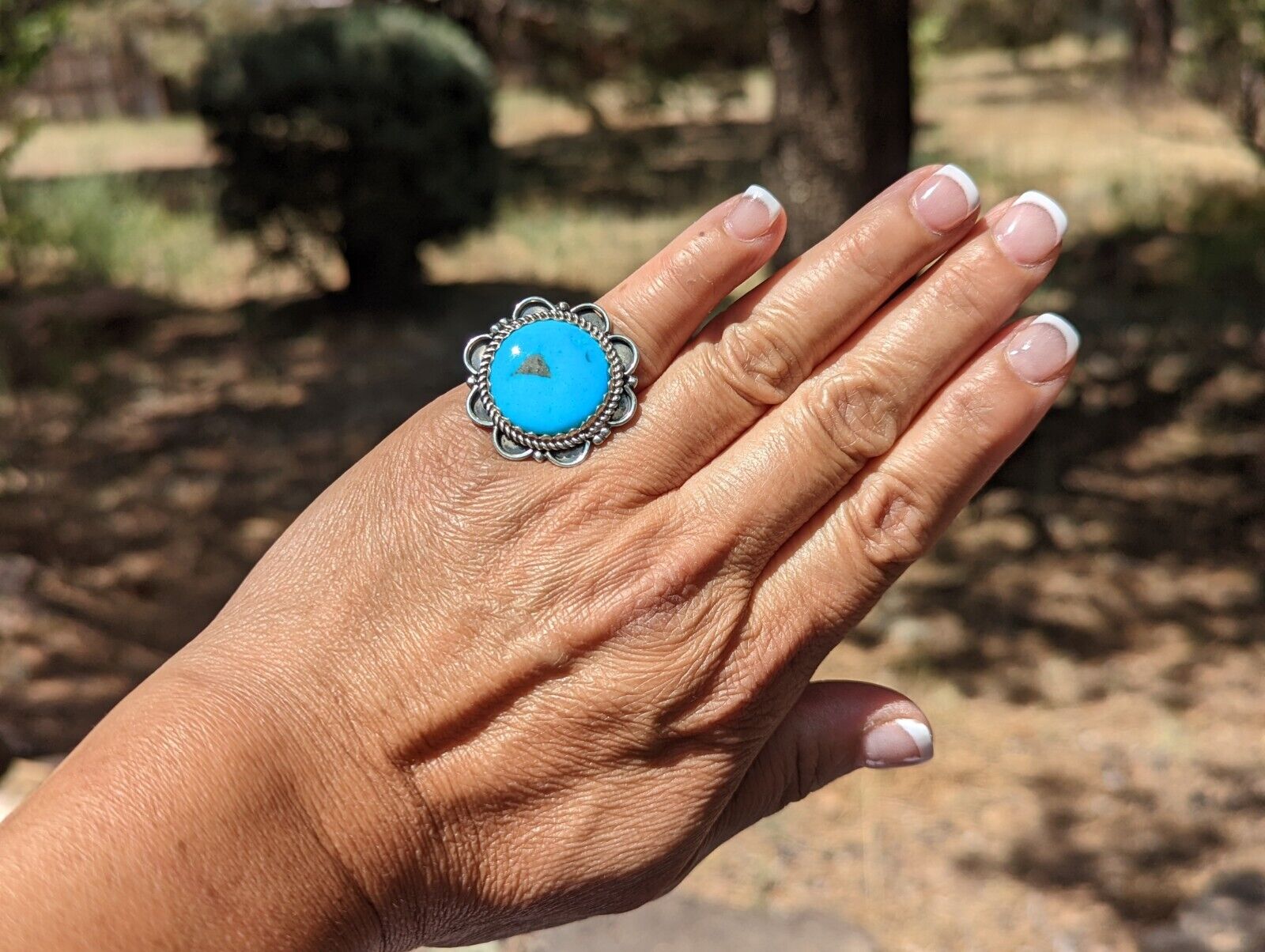 Navajo Floral Ring Kingman Turquoise Jewelry sz 5.5US Signed Hand Made Sterling