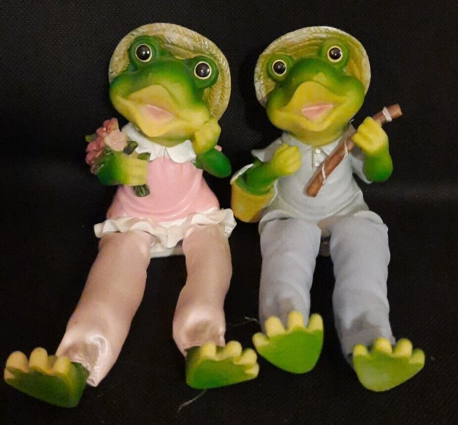 Pair of Frog Shelf Sitters Relaxing Excellent Condition. Estate Male and Female