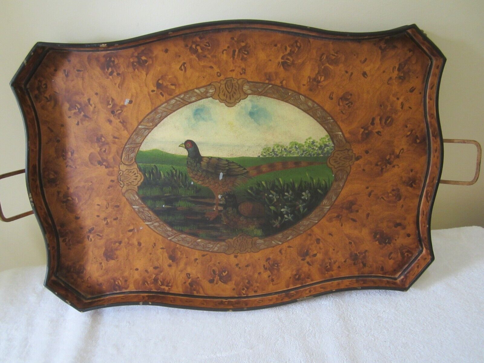 Vtg Jeanne Reed Williamsburg Tin Painted Metal Pheasant Hunting Claw Foot Tray