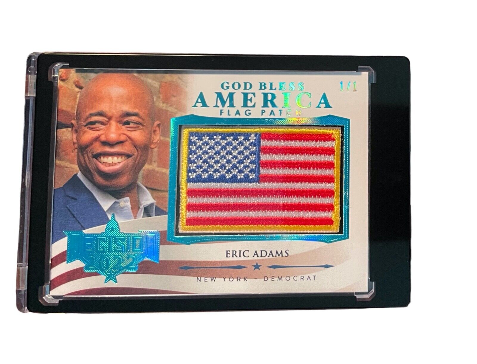 2022 Decision Eric Adams 1/1 Ice Blue God Bless America Flag Patch Columbia Riot