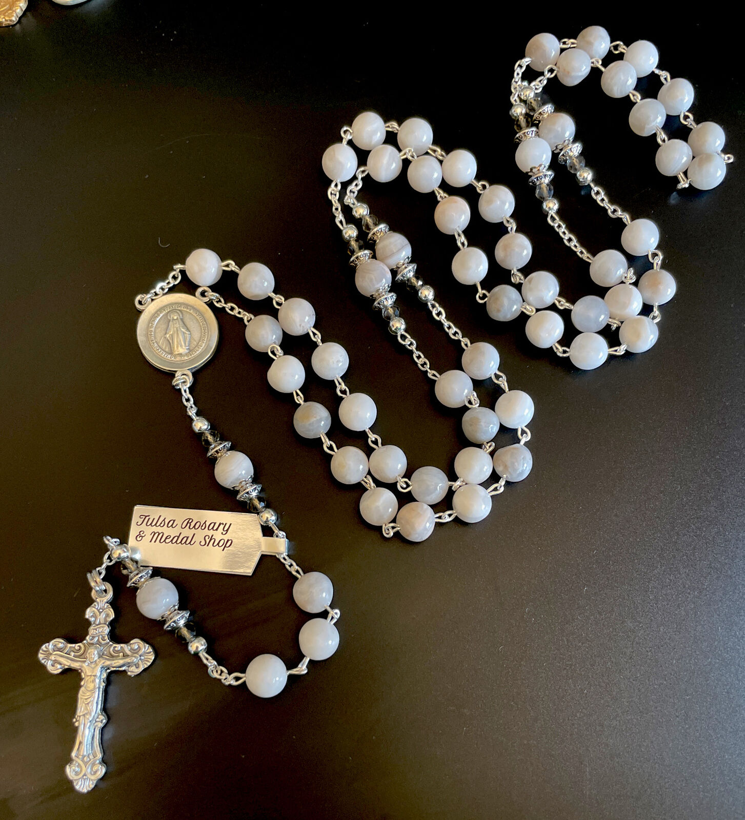 Semi Precious White Marble Stone 26” Rosary Creed Center Creed Crucifix Tag