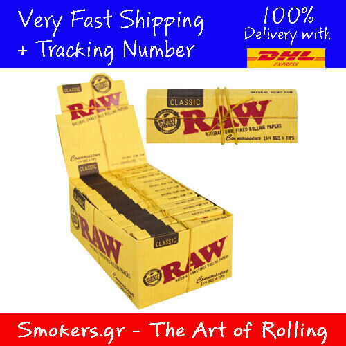 1x Box Raw Classic 1 1/4 Natural Unrefined Rolling Papers + TIPS