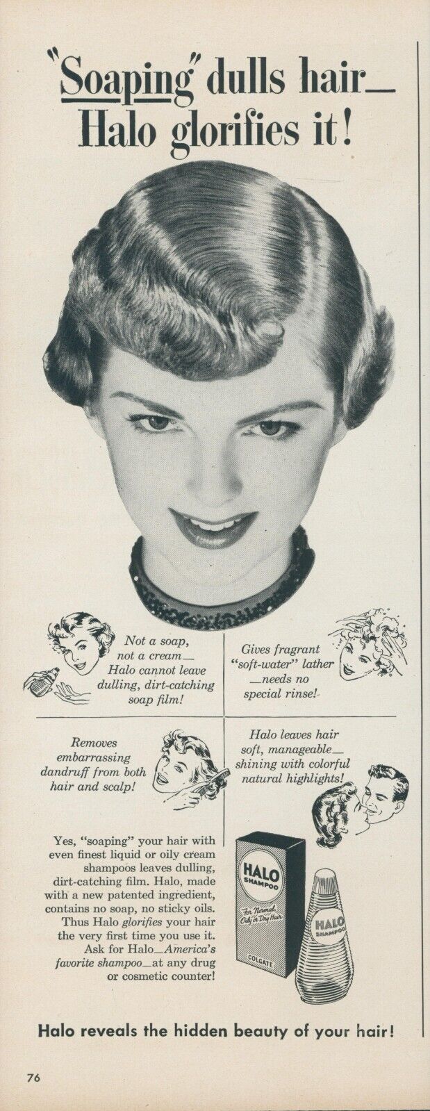 1950 Halo Shampoo Glorify Hair Stylish Hairdo Hidden Beauty Vintage Print Ad L7