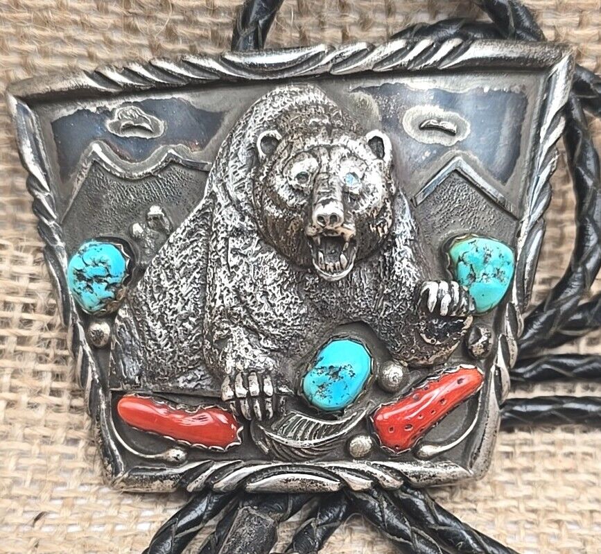 VTG Paul Chee Navajo Sterling Silver Turquoise & Coral Grizzly Bear Bolo Tie