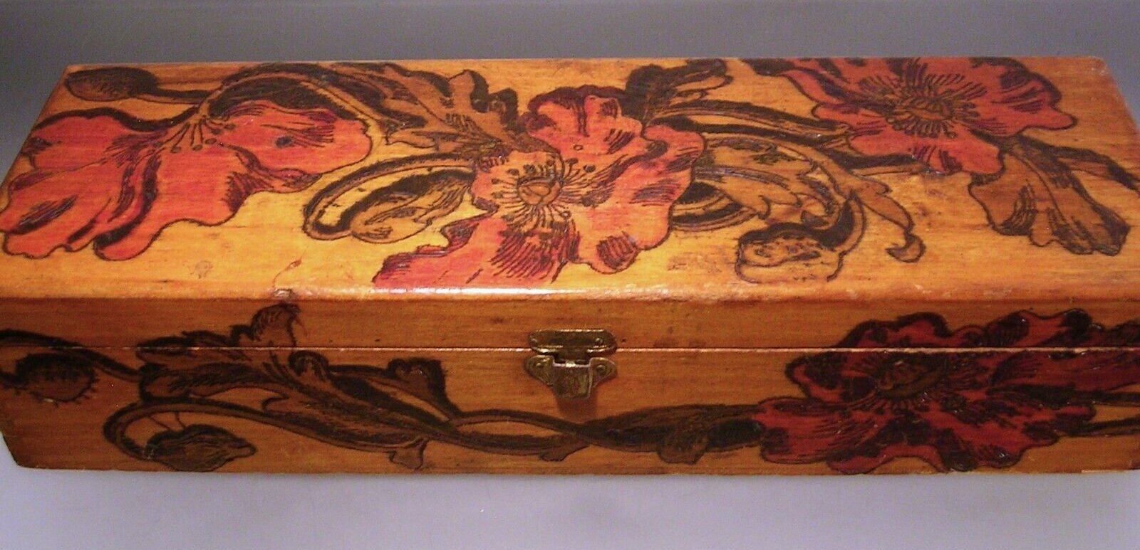 Antique Carved Pyrography Wooden Glove Box Flowers