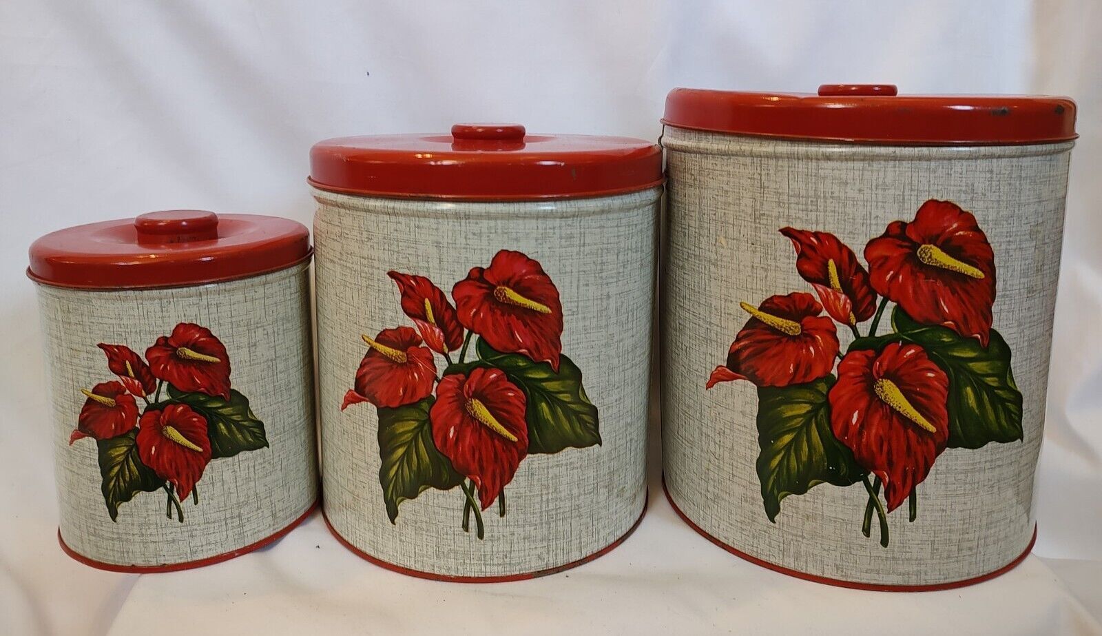 Vintage 60\'s  Decoware Tin Kitchen Canister Set of 3 Red Hawaiian Lilly Pattern