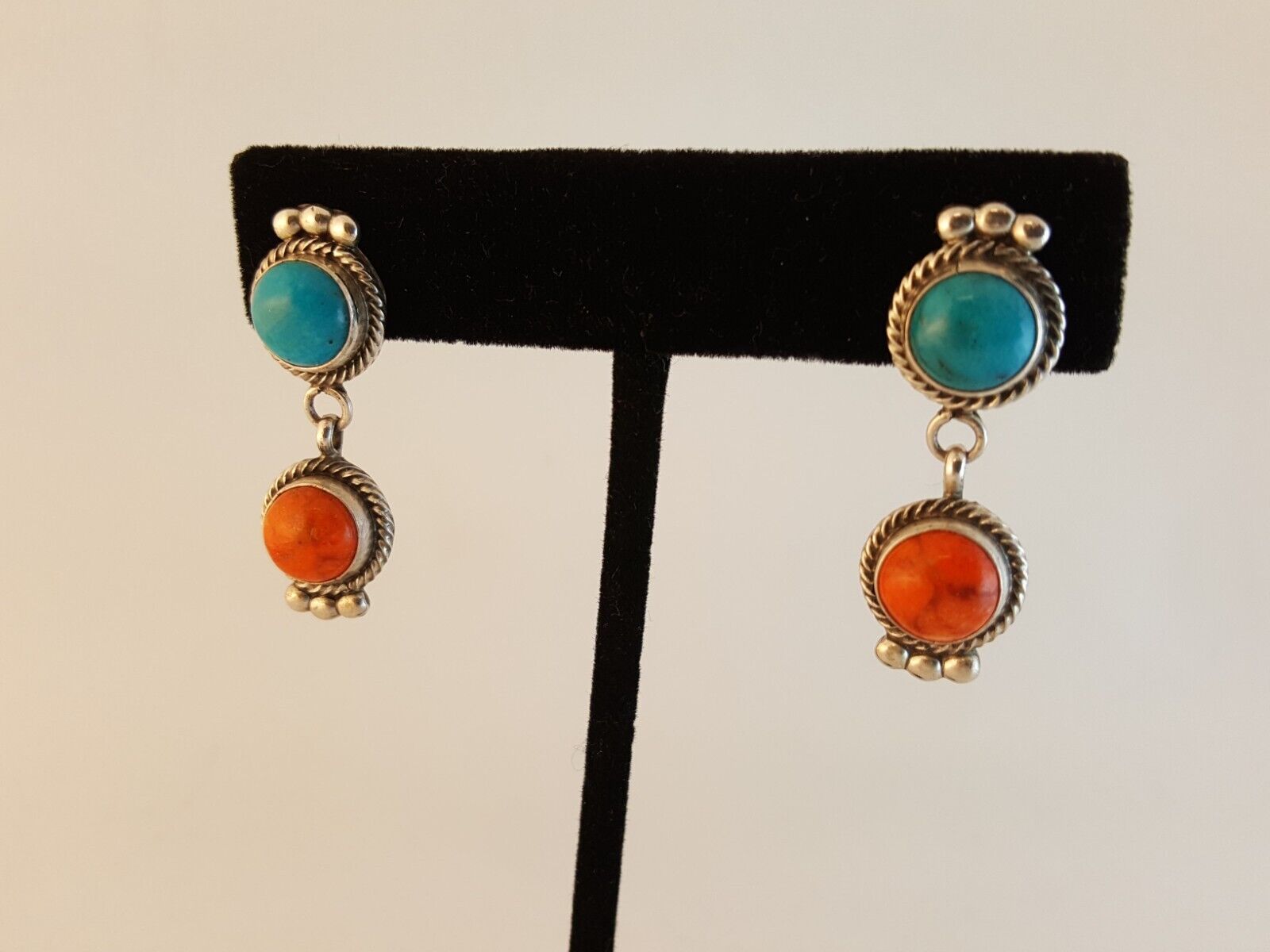 Navajo turquoise coral sterling silver earrings E.M. Linkin signed Ella Linkin