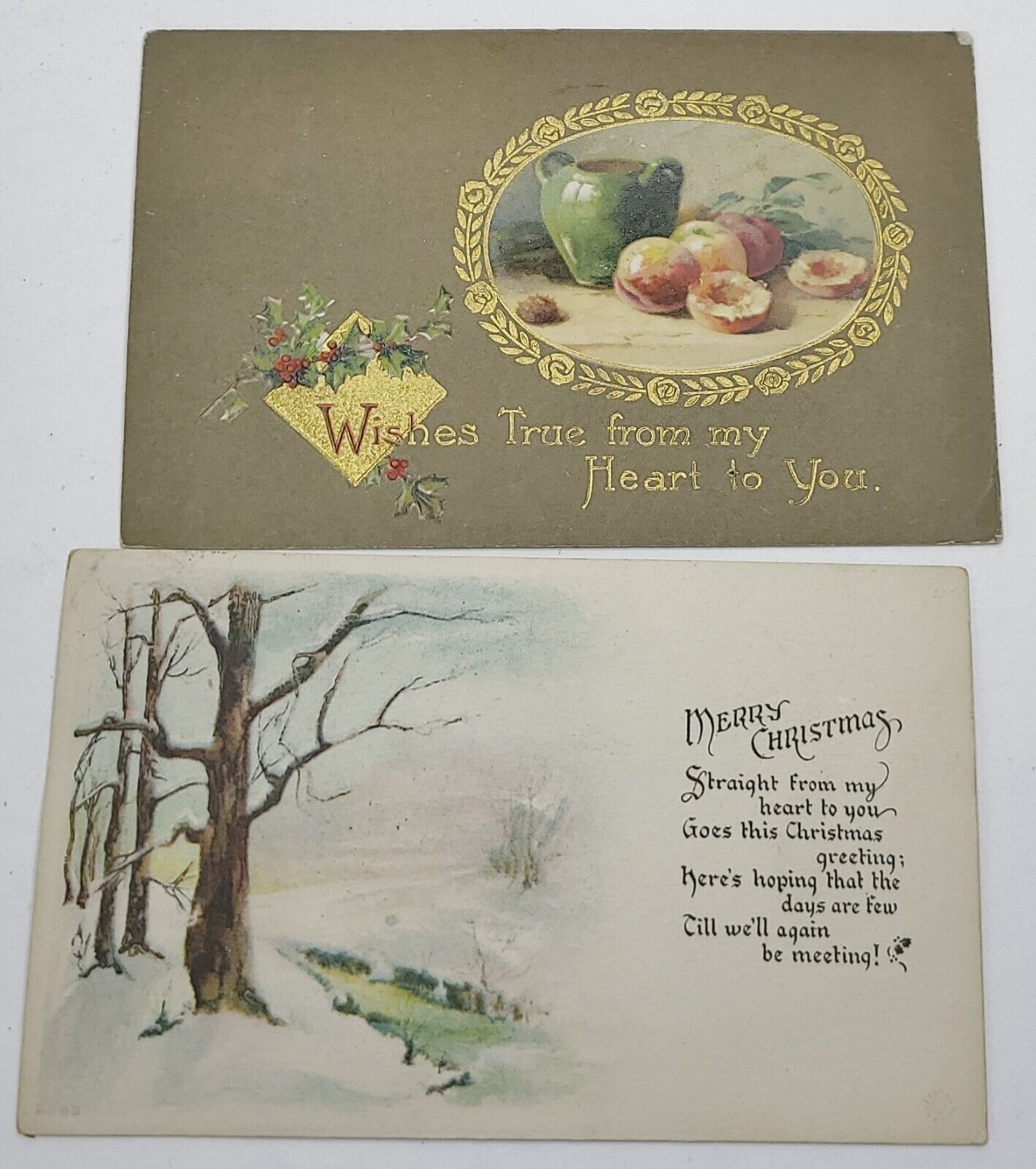 2 Antique Christmas Postcards  Holly Winter Scene Embossed