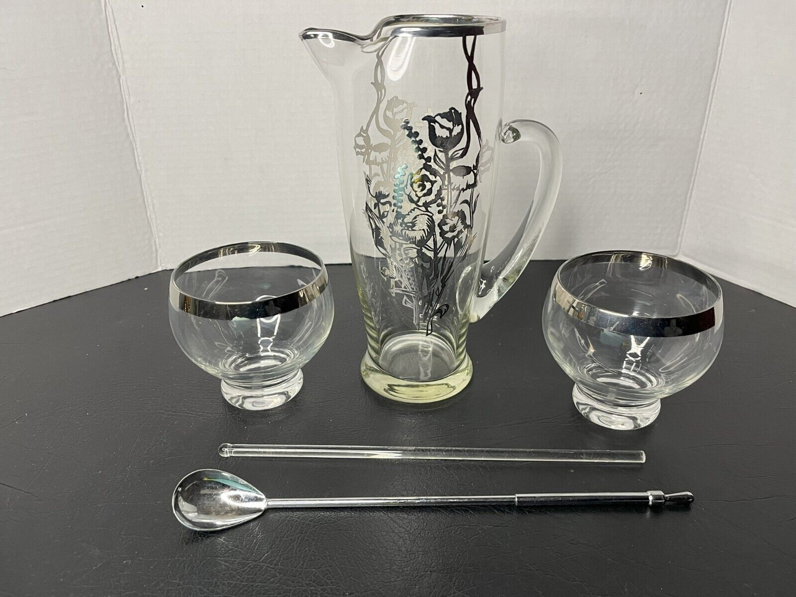 Vintage Silver Overlay Cocktail Pitcher w/ Stir Stick, Mixing Spoon & 4 Glasses