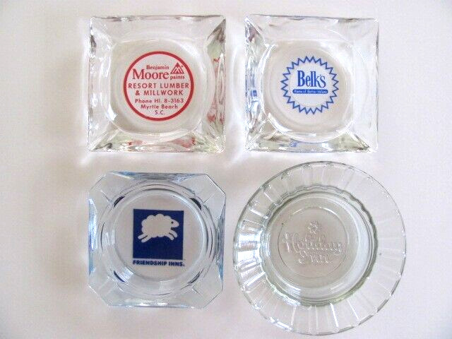 4-ASHTRAYS VINTAGE COLLECTIBLE GLASS, BELKS, HOLIDAY INN, RARE PATTERNS, NICE