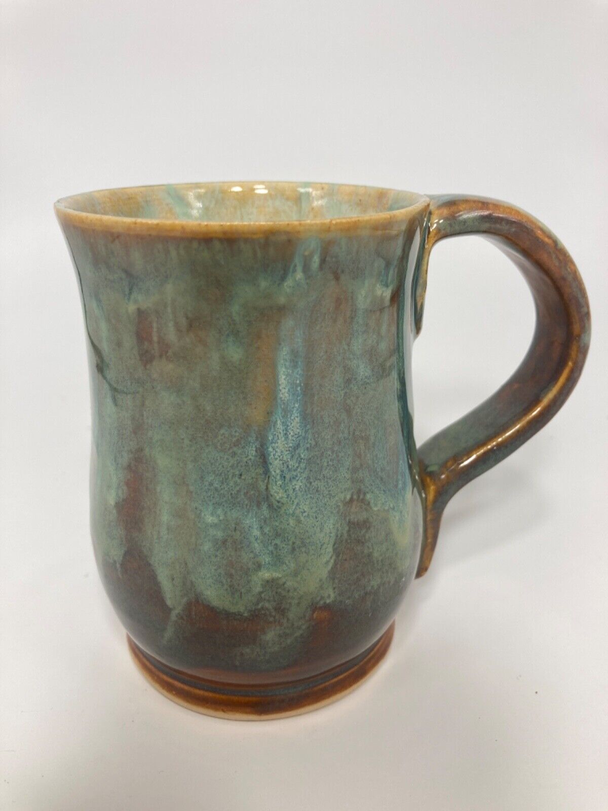 Art studio pottery mug, Gailanna Pottery, signed, brown teal drip glaze 12oz.