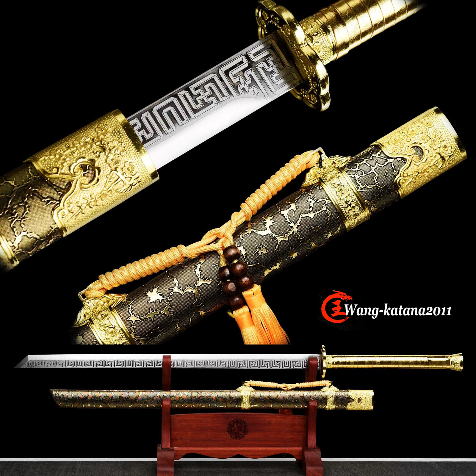 46''Gold Dragon Broadsword 1095 Carbon Steel Sharp Chinese Tang Dynasty Dao唐刀