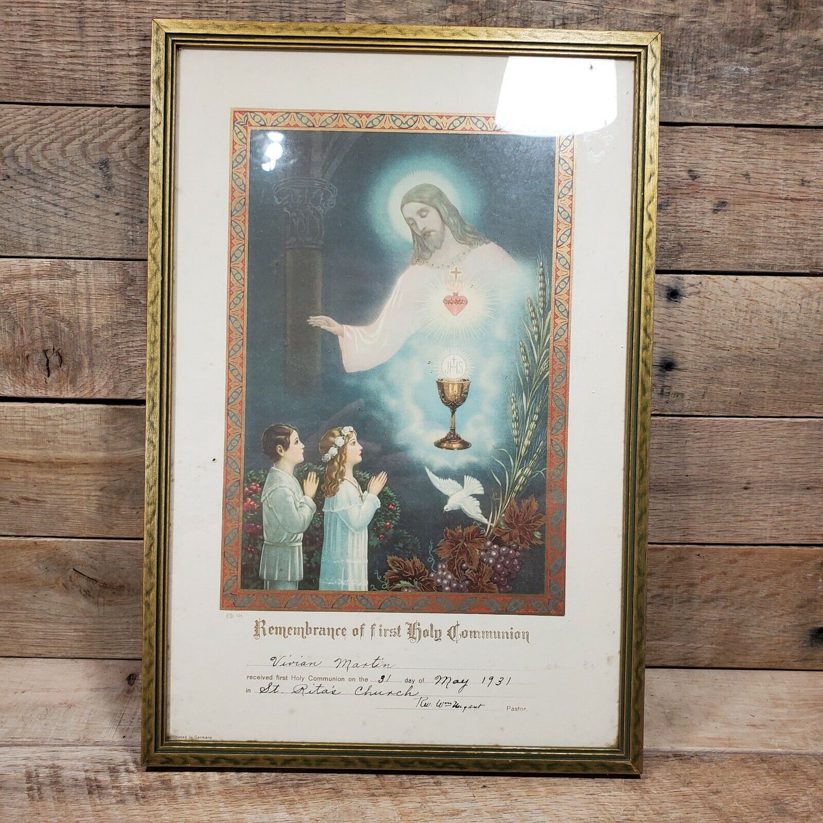 VTG Remembrance of First Holy Communion Framed Certificate 1931 St Ritas Church 