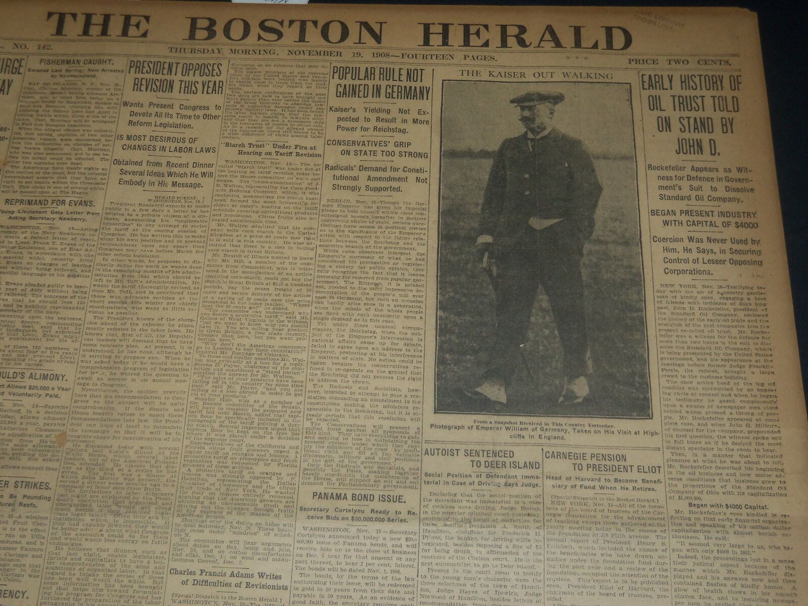 1908 NOV 19 THE BOSTON HERALD - HISTORY OF OIL TRUST TOLD BY JOHN D. - BH 221