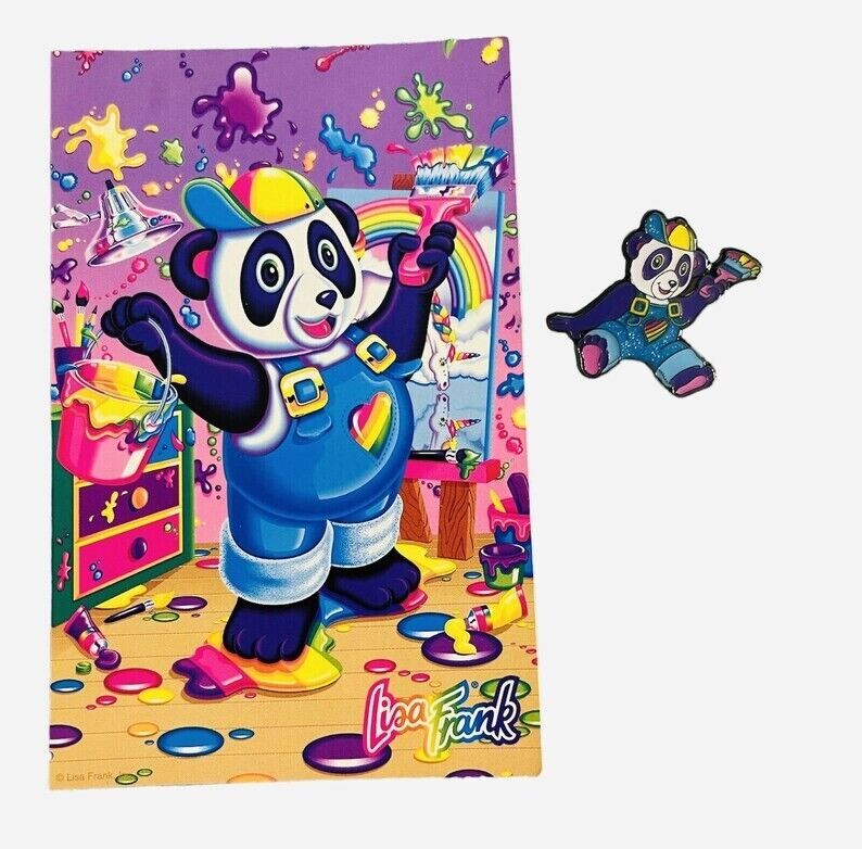 Vintage 90's Lisa Frank 'Panda Painter' Postcard & Panda Painter Pin