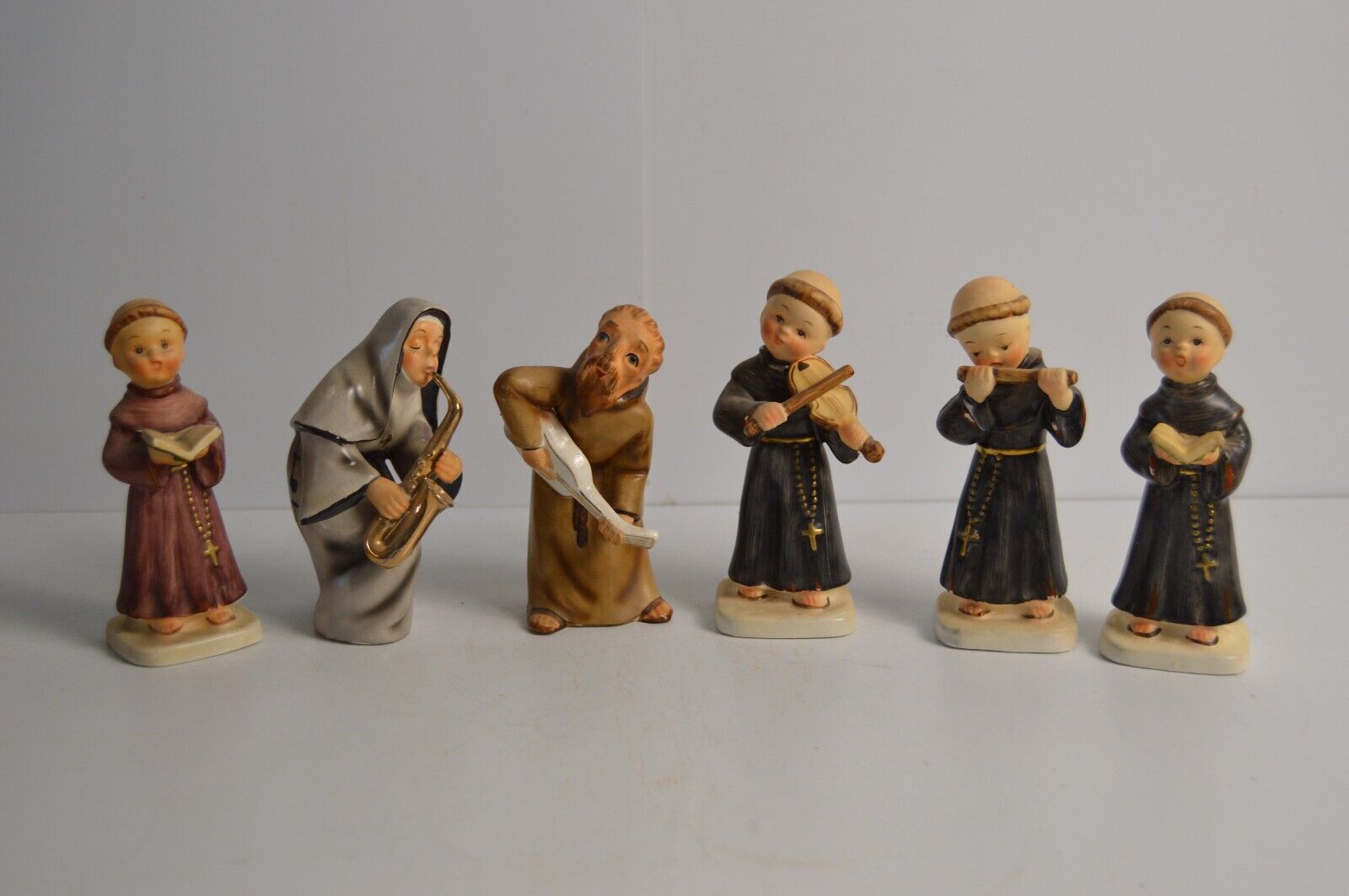6 Vintage Monks & Nuns Musical Instruments MCM Napco Ceramic Figurines Religious