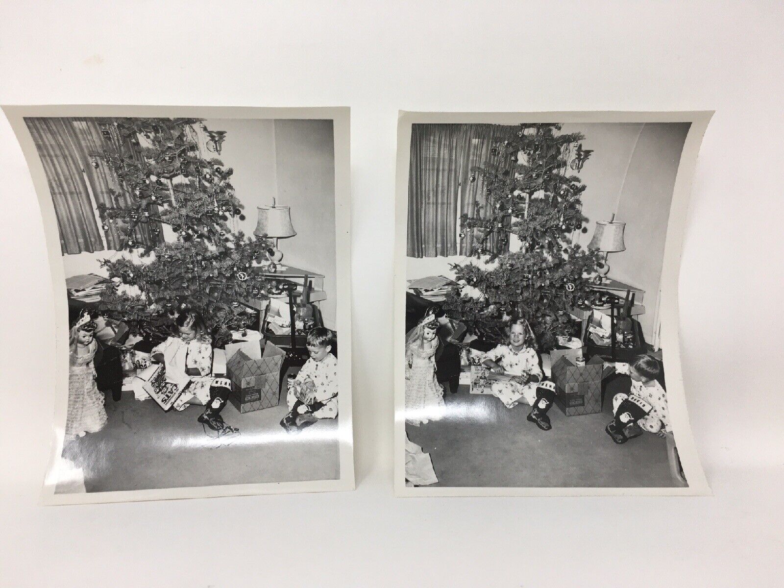 2 B&W Photos Children Christmas Tree 1950's Opening Gifts Radio Flyer Large Doll