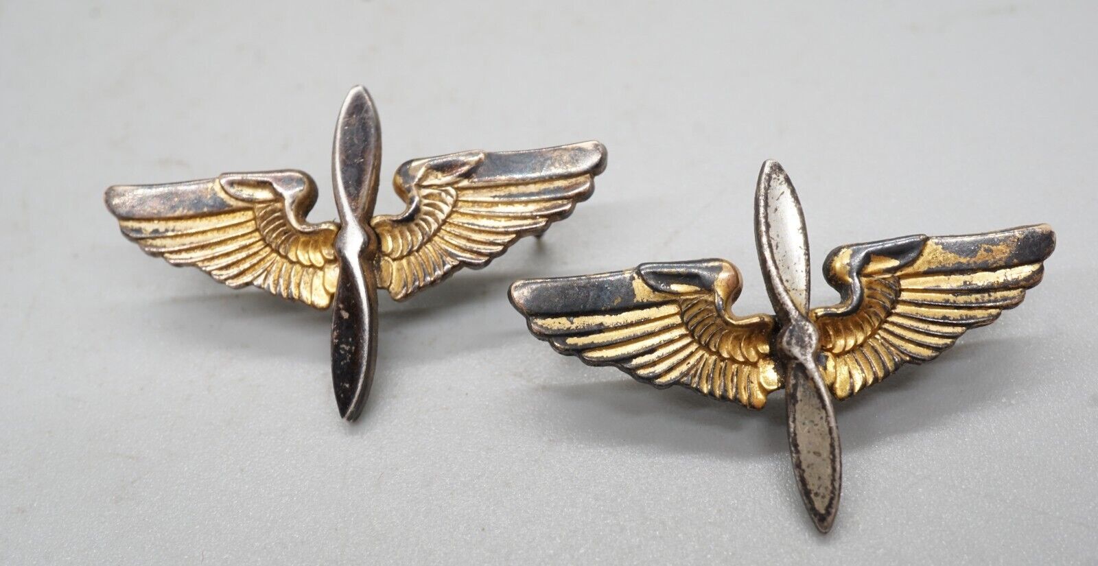 WWII 1/20 10K Gold & Sterling Army Air Forces Wings Insignia Pins Set by Smilo