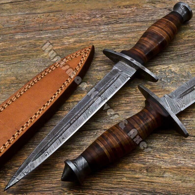 Custom Made 14\'\' Fairbairn Sykes Leather Staked Dagger with Hand Forged Damascus