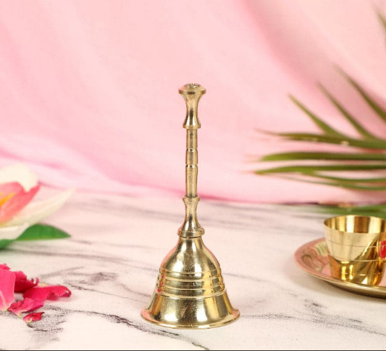 10cm Pretty Brass Handheld Bell Hindu Puja Aarti Diwali Navratri Home Temple