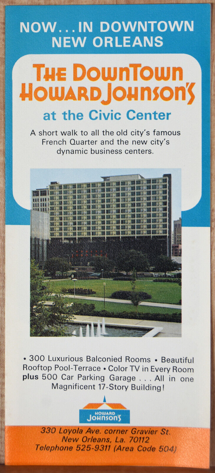 1970s Vintage Downtown New Orleans Howard Johnson Civic Center Hotel 300 Rooms