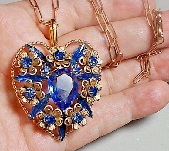 Art Deco Style Blue Rhinestone Flower Heart Brooch Necklace Brass Tone Necklace 