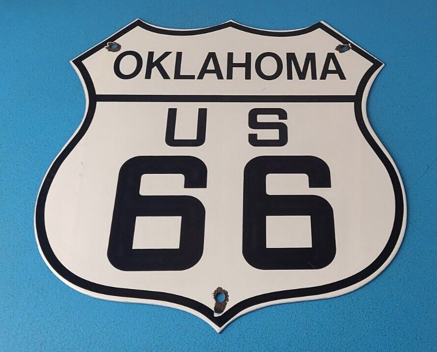 Vintage US Route 66 Oklahoma Sign - Porcelain Hwy State Road Gas Oil Pump Sign