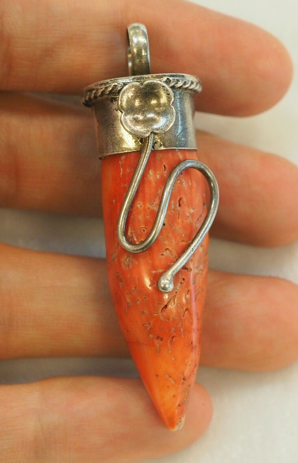 Antique Red Coral IVY Decorated Sterling Silver Capped Nepalese Bead Pendant