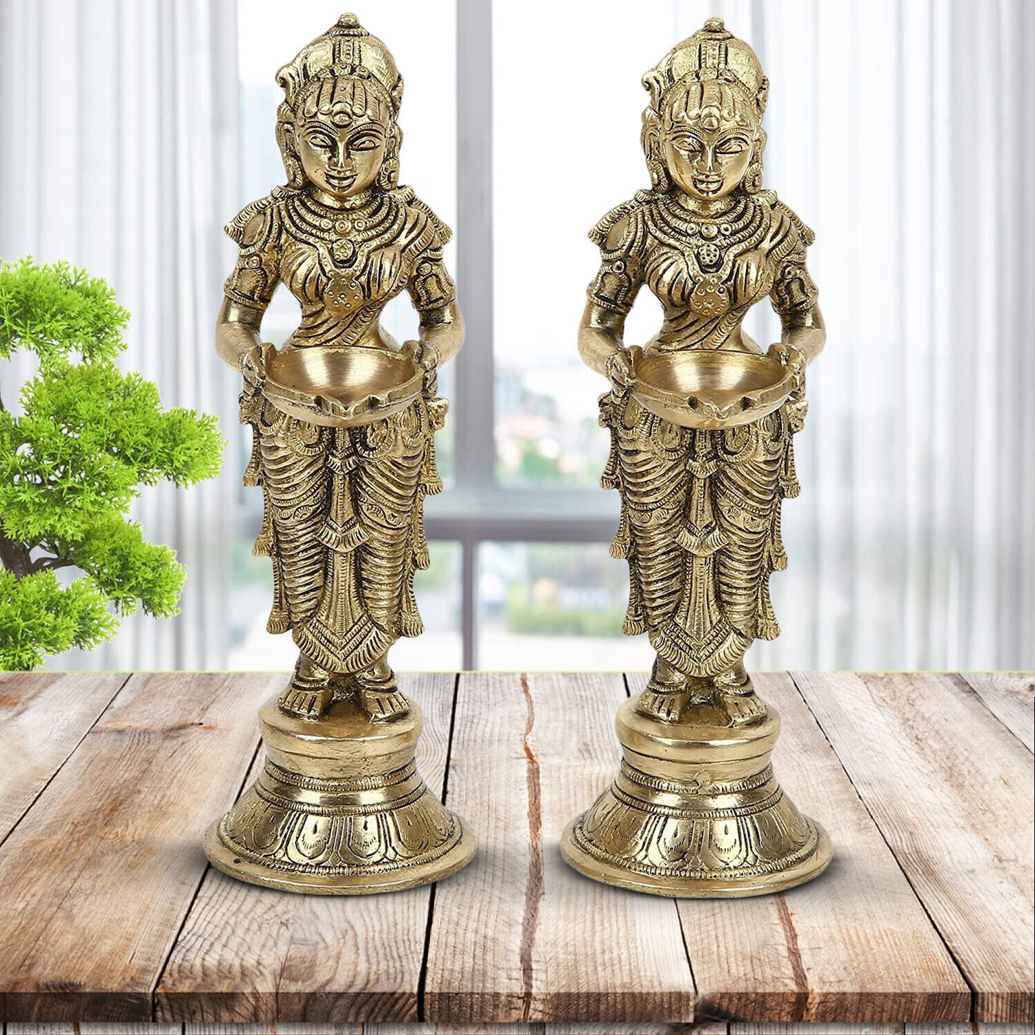 Traditional Brass Holding Diya Meenakshi Devi Figurine Pair For Pooja Set Of 2