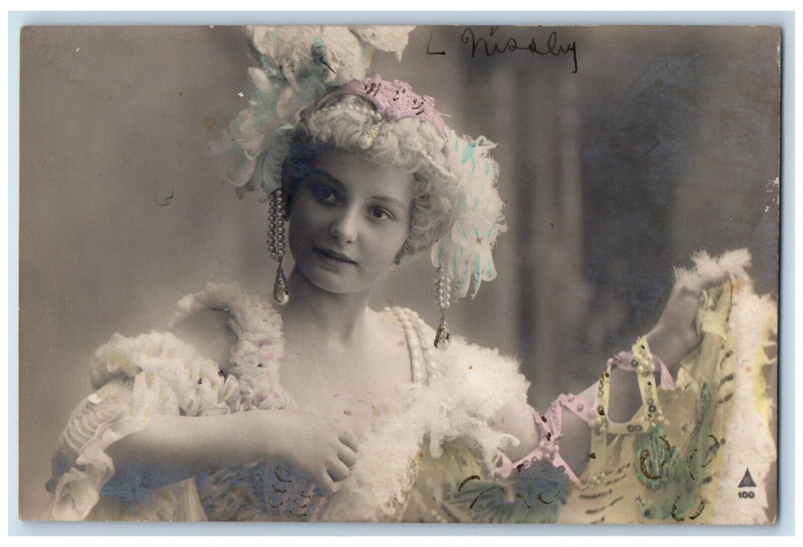 c1910's Pretty Woman Pearl Feather Dress Studio Portrait RPPC Photo Postcard