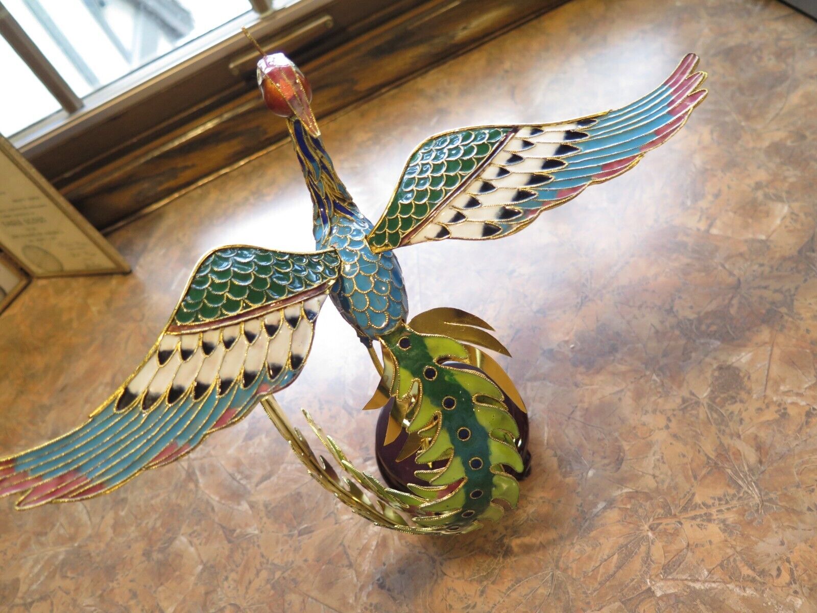 CLOISONNE Bird PEACOCK ENAMEL Fantasy Figurine Wood STAND Removable Wings Col*