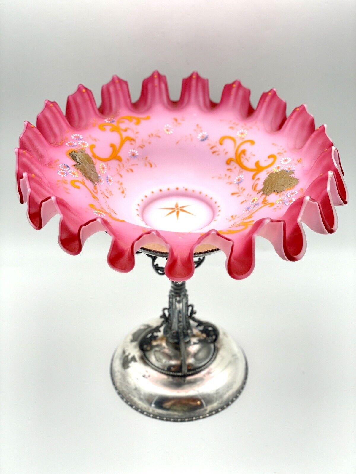 Victorian Pink Satin Painted Ruffled Glass Bride's Basket Poole Silverplate