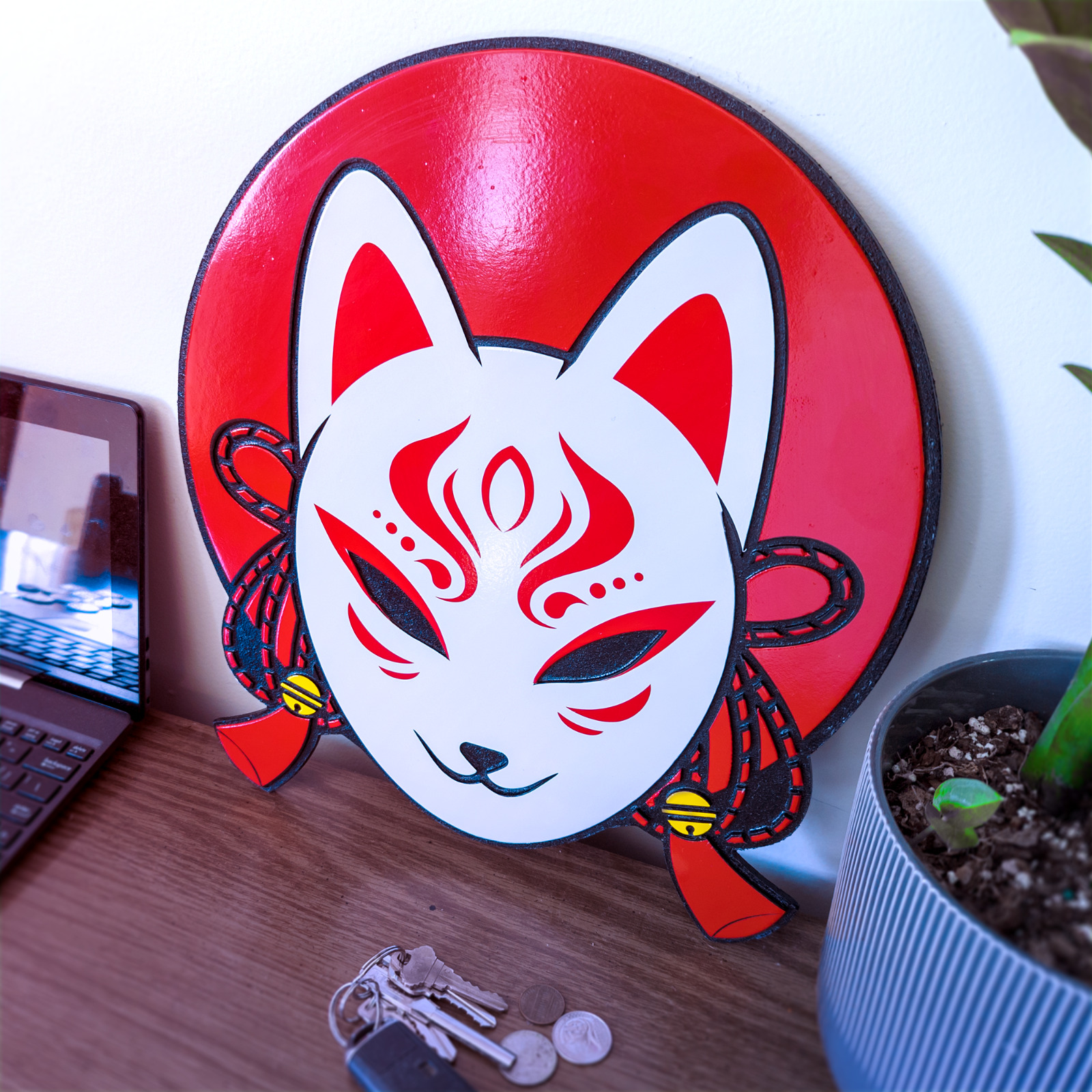 Engraved Japanese Kitsune fox Wall Art Decor