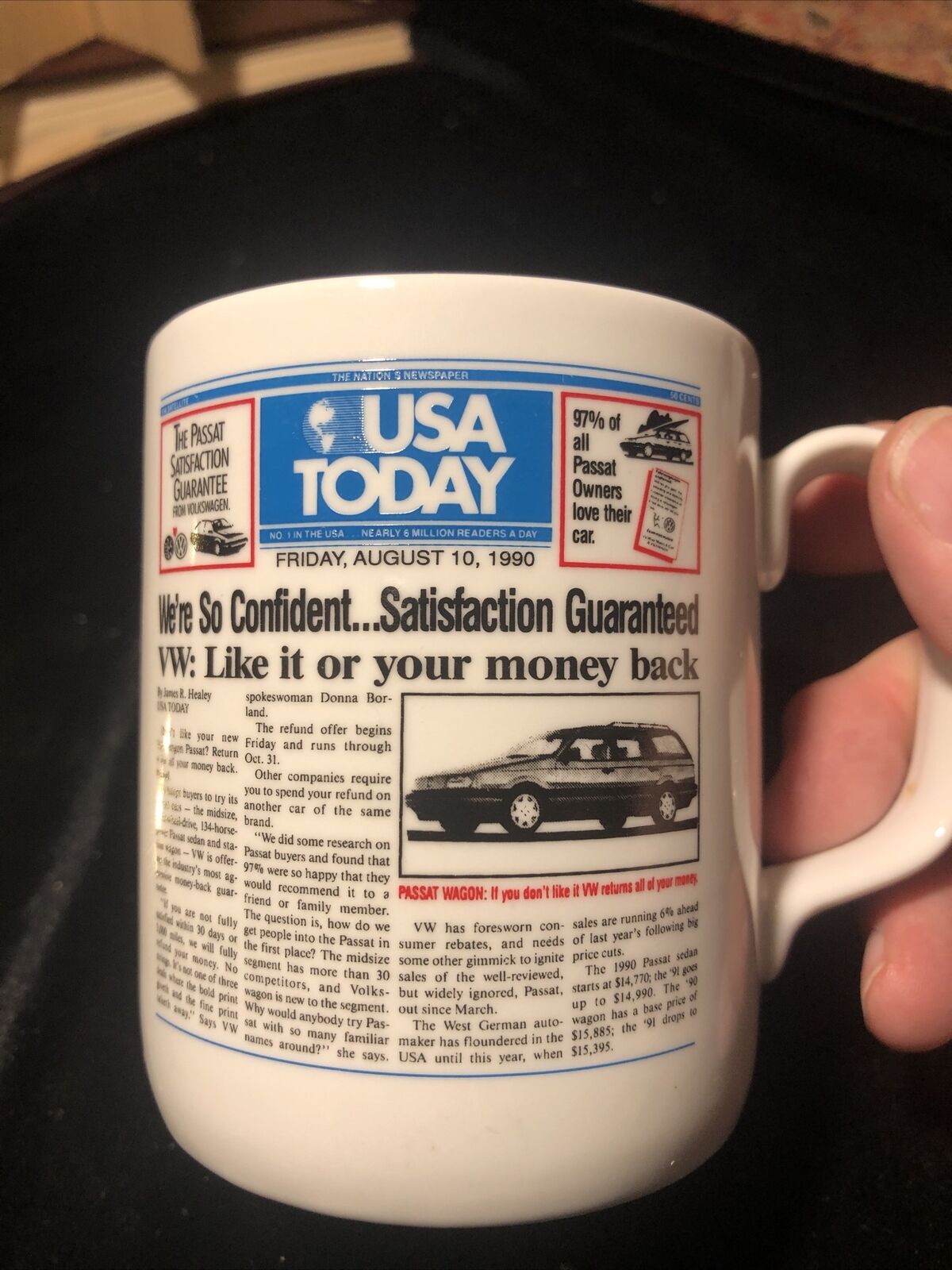 Vintage VW Volkswagen USA Today Coffee Mug Cup Money Back Advertising Campaign