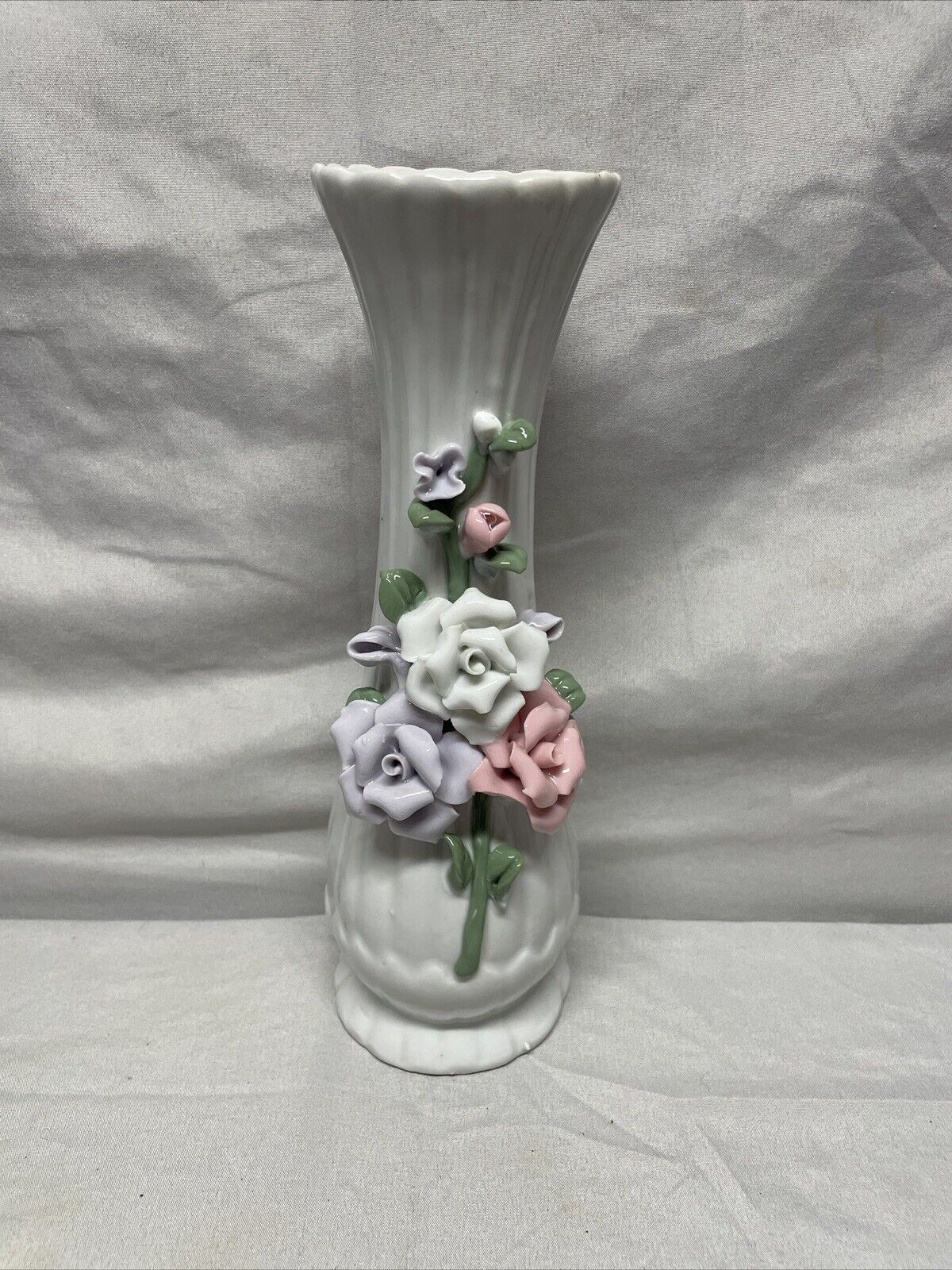 8 inchPorcelain Bud Vase  w/Applied Flowers  Hand Painted.