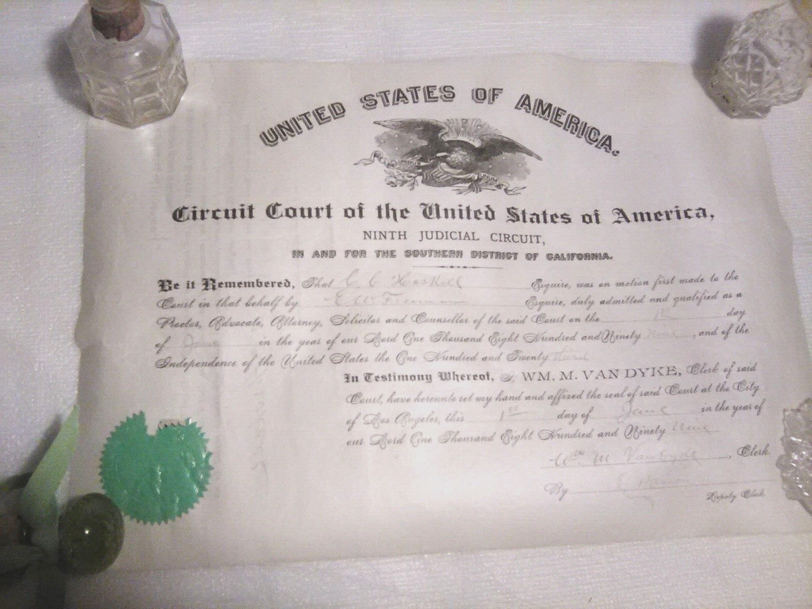 1899 Fed. Court doc, Atty Acceptance, So Cal, Ephemera treasure