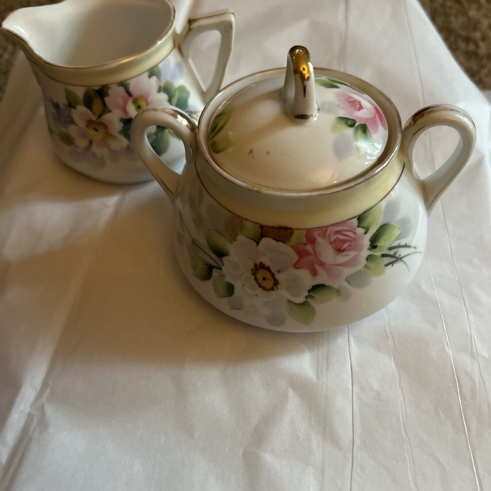 Antique Nippon Hand Painted Gold Trimmed Cream & Sugar Set