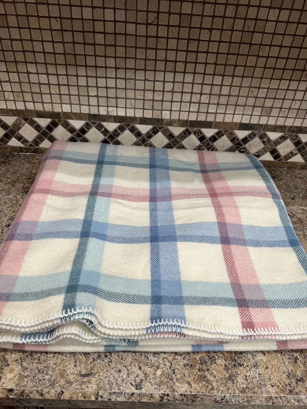 Faribo 100% Wool Blanket Double Beige Pink and Blue Made in the USA Vintage