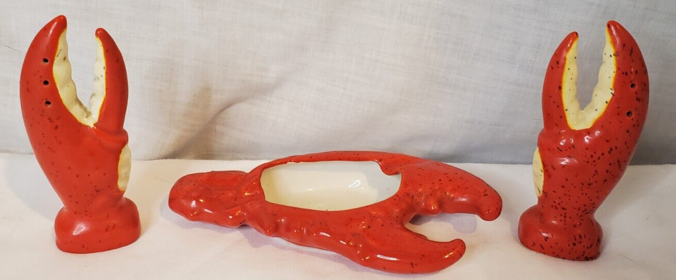Vintage 1960's Ceramic Lobster Claw Red Ashtray & Matching Salt & Pepper Shakers