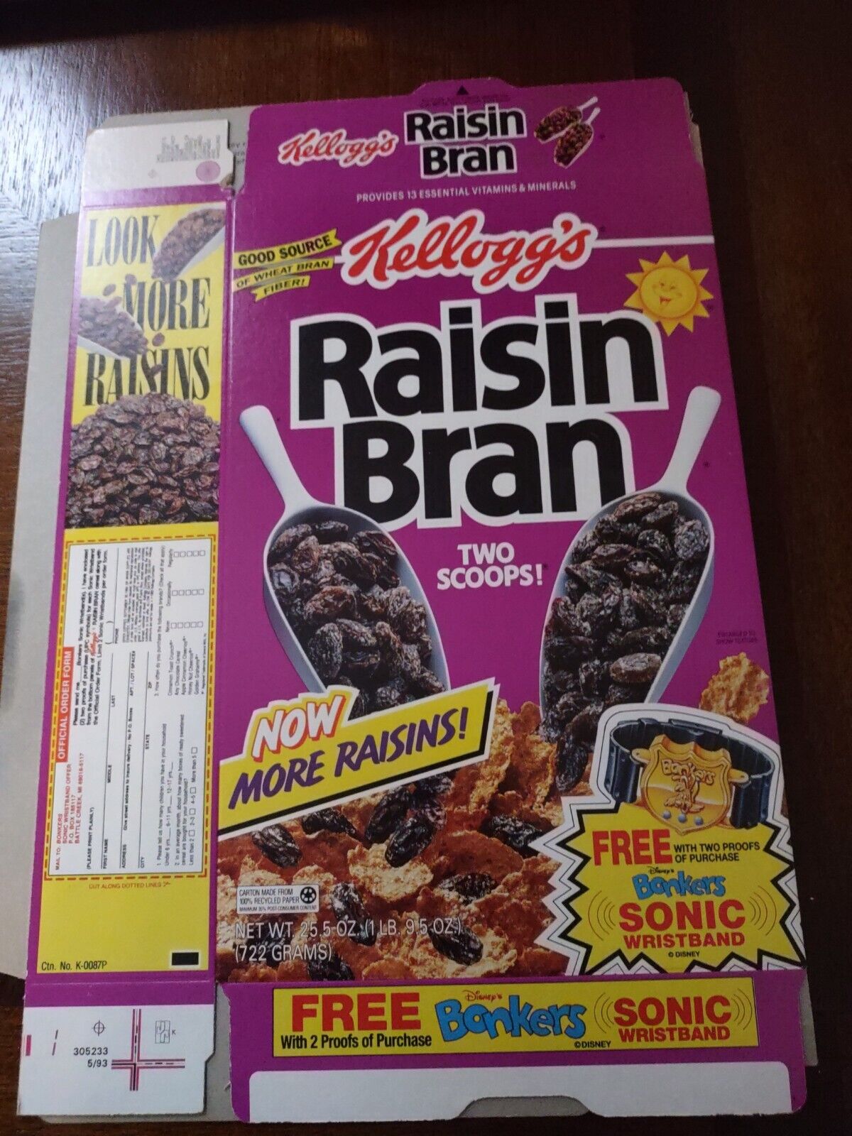 1993 Kelloggs Raisin Bran-empty cereal box NEW unused ~Bonkers Sonic Wristband~