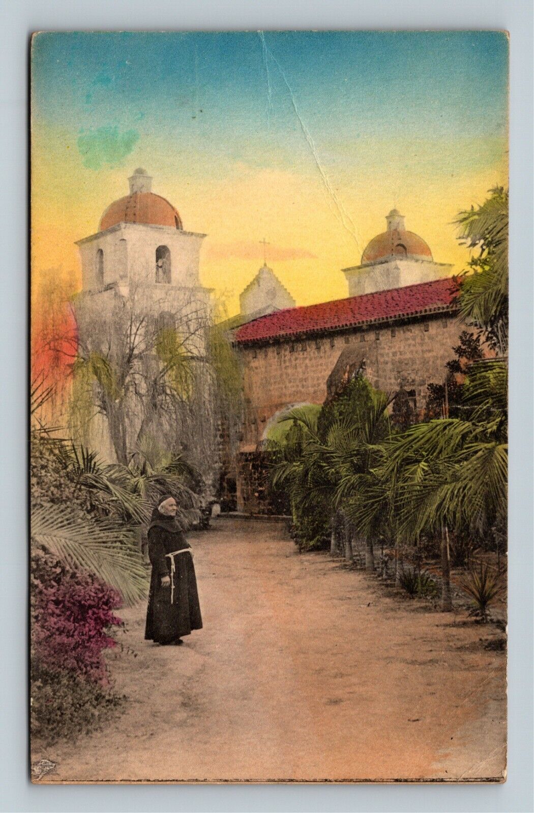 Padre Admiring The Mission Garden, Bell Tower, California c1937 Vintage Postcard