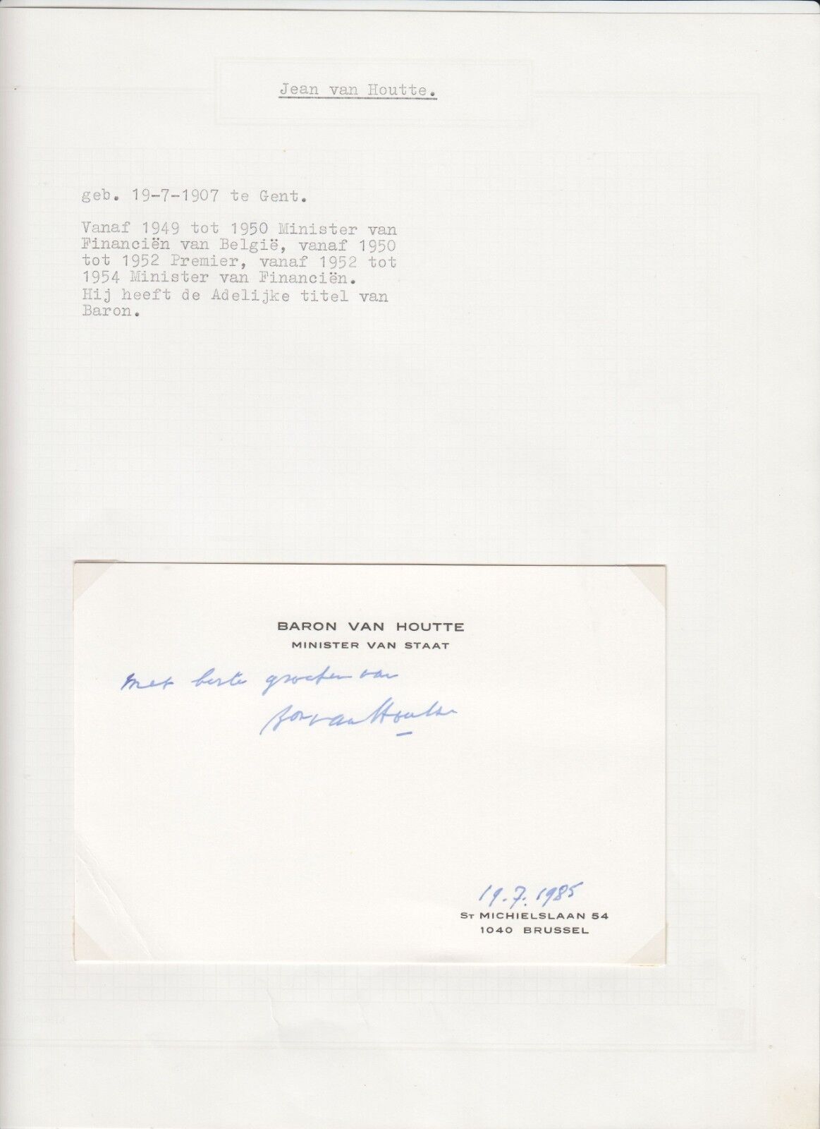 Baron Jean van Houtte Prime Minister Belgium Original Autograph, Royalty (L6778)